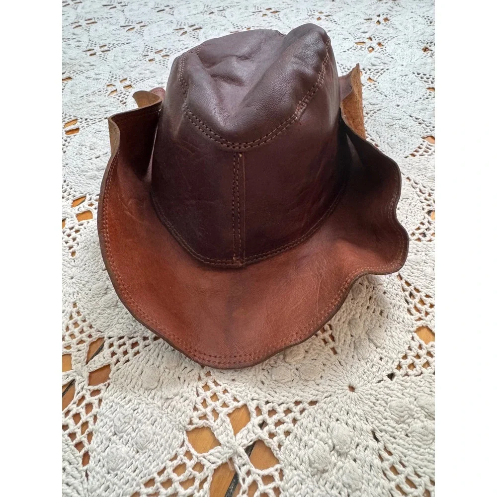 Vintage‎ 70's Brown Leather Rancher Hat Snap Up Brim Western Cowboy S